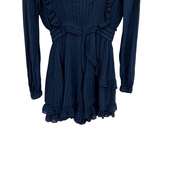 Maje Istra Ruffled Crepe Playsuit Romper Long‎ Sleeve Pinstripe Blue Size 34 XS - Picture 9 of 13